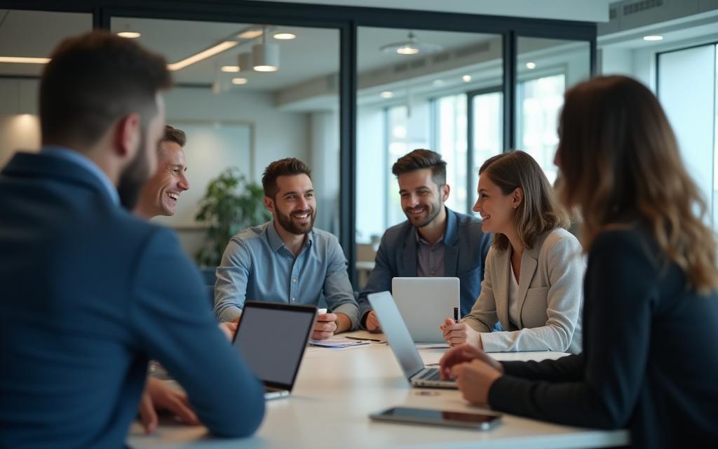 Diverse group of professionals collaborating happily in a modern office